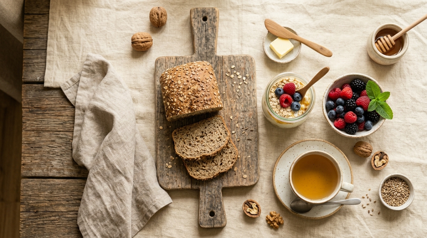 Vyvážený slovenský raňajkový stôl s celozrnným chlebom, bobuľami a ovsennou kašou