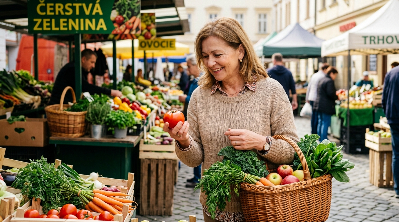Slovenská žena na trhu v Bratislave si vyberá čerstvú zeleninu