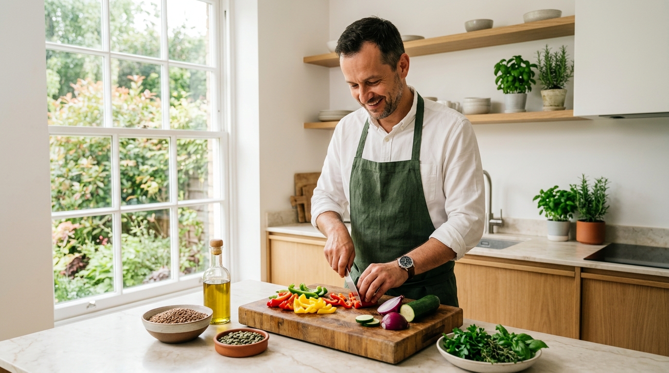 Muž v kuchyni pripravuje čerstvú zeleninu a strukoviny